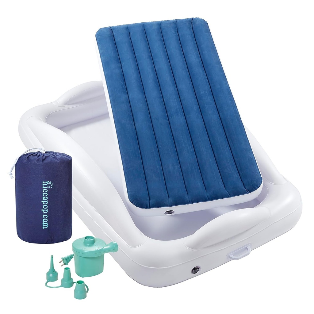 Hiccapop Inflatable Toddler Travel Bed with Safety Bumpers [4-Sided] | Portable Toddler Bed for Kids | Toddler Air Mattress | Kids Air Mattress - Navy Blue