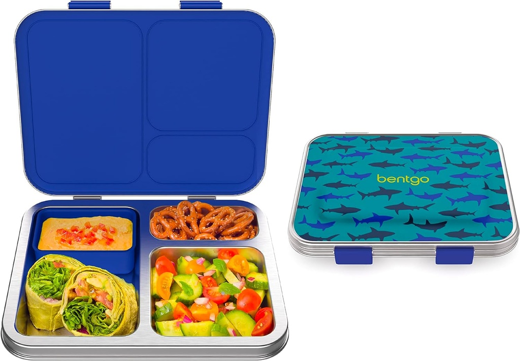 Bentgo® Kids Stainless Steel Prints Leak-Resistant Lunch Box - Bento-Style with Updated Latches, 3 Compartments & Bonus Container - Eco-Friendly, Dishwasher Safe, Bpa-Free (Shark)
