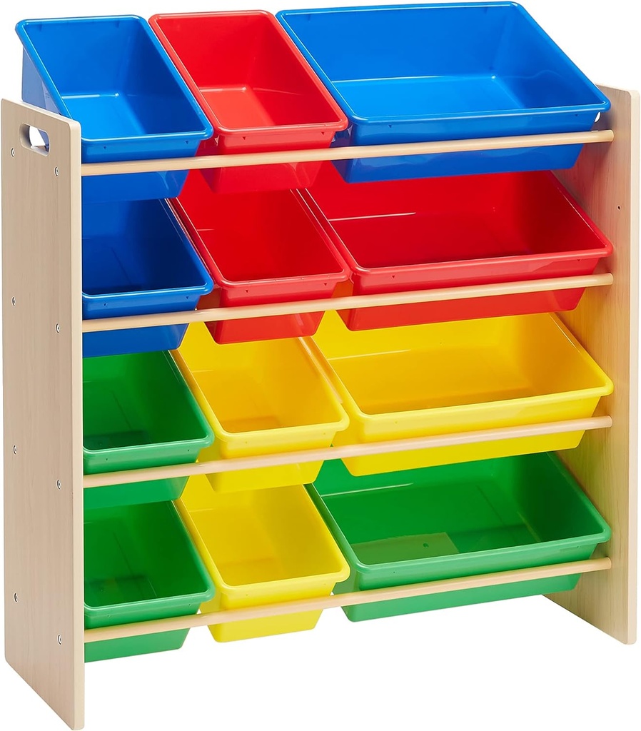 Amazon Basics Kids Toy Storage Organizer with 12 Plastic Bins, Natural Wood with Bright Bins, 10.9" D X 33.6" W X 31.1" H