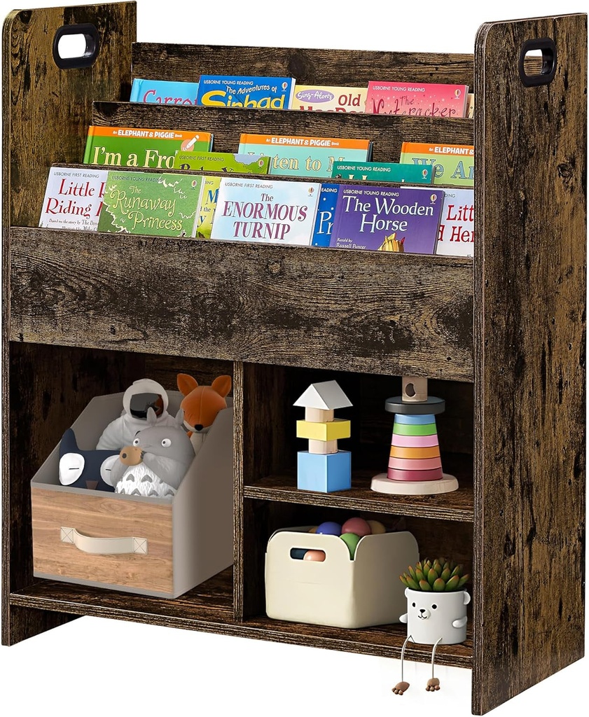 VECELO Kids Bookshelf, Stylish Wooden Display Stand with Easy Moveable Handles, Storage Cabinet Organize Children'S Toys and Books in Playrooms, Homes, Schools, and Kindergartens, Elegant Brown Design