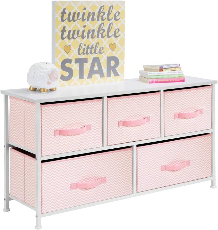 Mdesign 21.65" High Steel Frame/Wood Top Storage Dresser Furniture Unit with 5 Removable Fabric Drawers - Wide Bureau Organizer for Bedroom, Living Room, Closet - Spira Collection, Pink/White