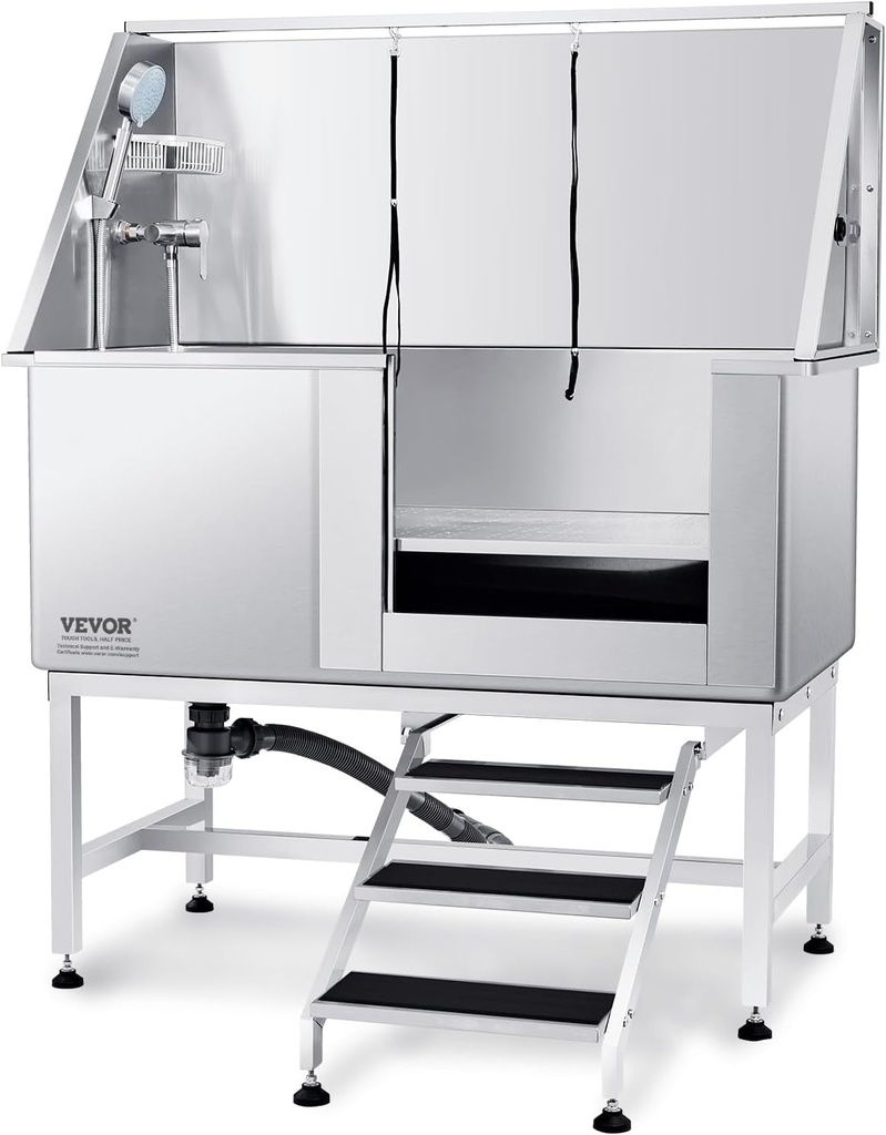 VEVOR 50" Pet Dog Bathing Station W/Stairs, Professional Stainless Steel Dog Grooming Tub W/Soap Box, Faucet,Rich Accessory, Dog Bathtub for Large,Medium,Small Pets, Washing Sink for Home Right