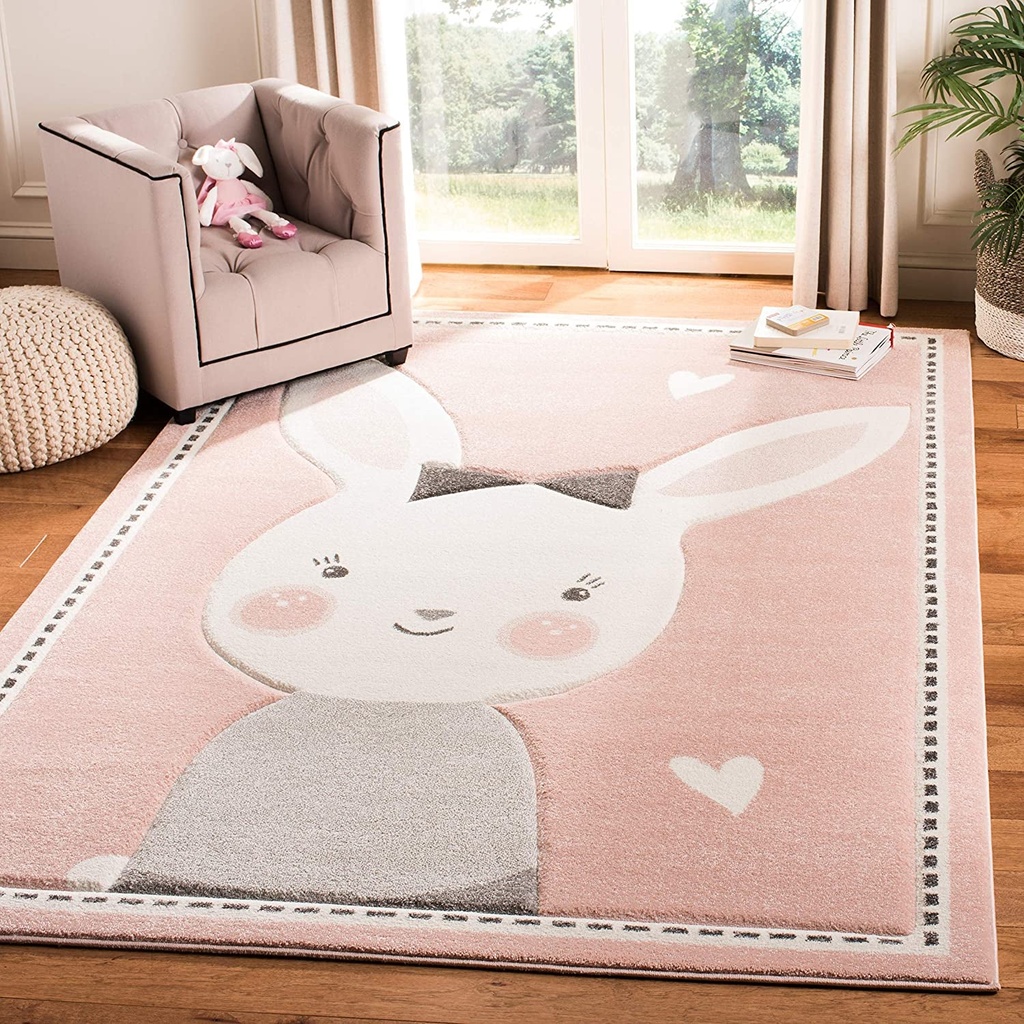 SAFAVIEH Carousel Kids Collection 6'7" Square Pink/Ivory CRK166P Bunny Non-Shedding Nursery Playroom Area Rug