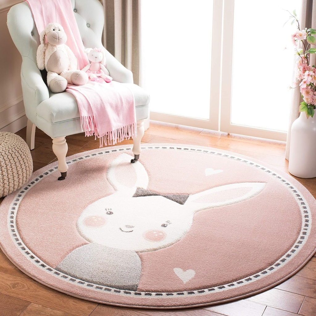 Safavieh Carousel Kids Collection Area Rug - 8' Round, Pink & Ivory, Bunny Design, Non-Shedding & Easy Care, Ideal for High Traffic Areas for Boys & Girls in Playroom, Nursery, Bedroom (CRK166P)