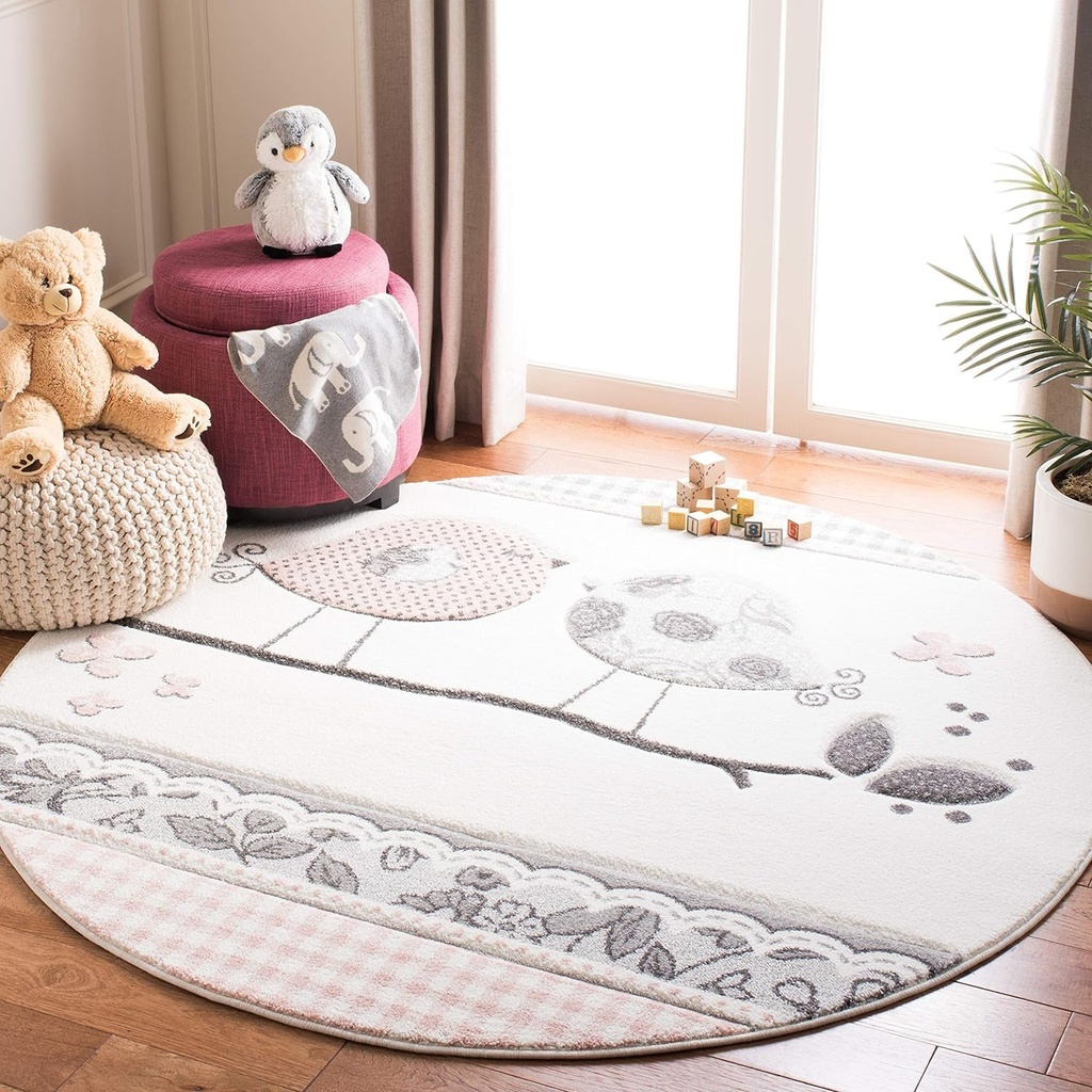 SAFAVIEH Carousel Kids Collection 6'7" round Pink/Ivory CRK153P Birds Non-Shedding Playroom Nursery Bedroom Area Rug