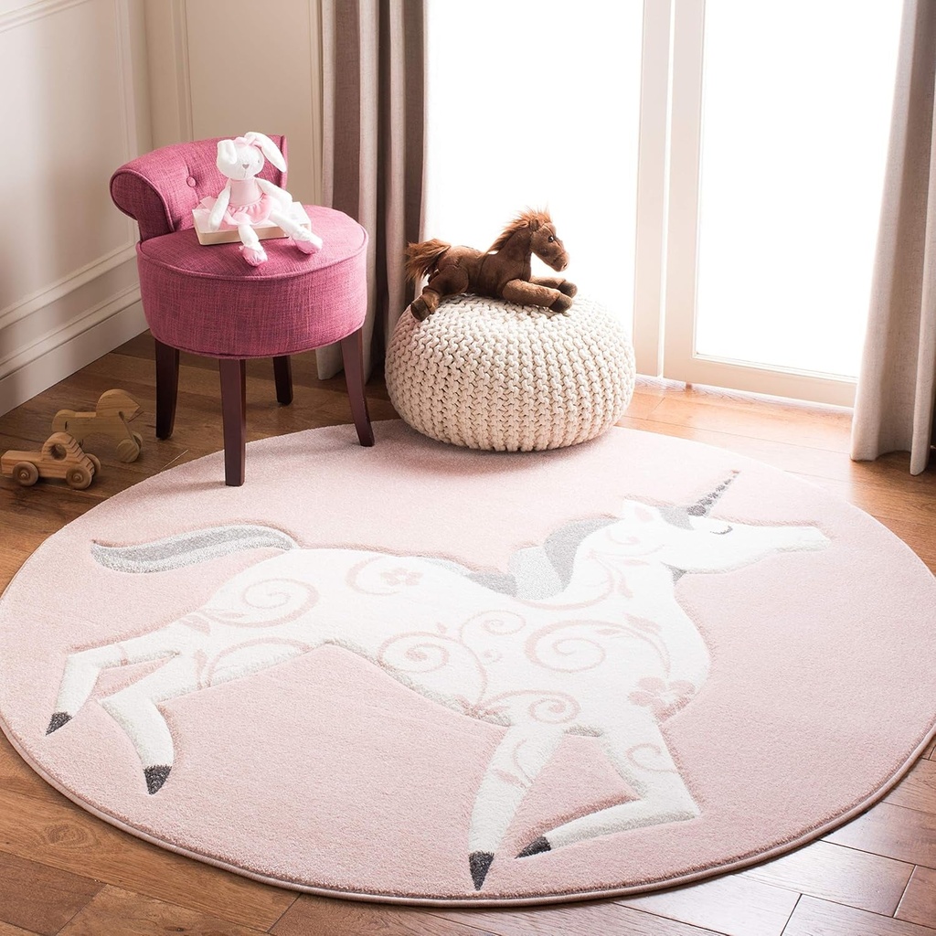 Safavieh Carousel Kids Collection 8' round Pink/Ivory CRK163P Unicorn Non-Shedding Nursery Playroom Area Rug