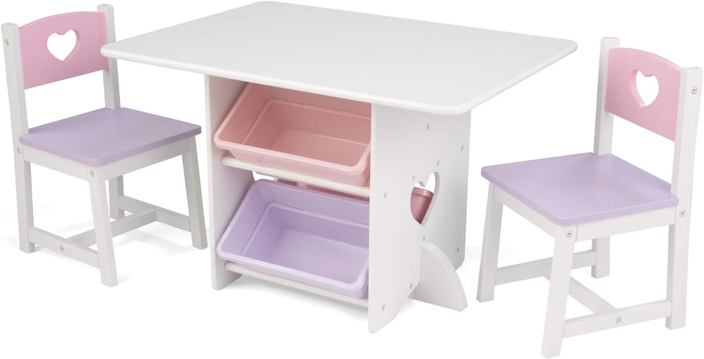Kidkraft Wooden Heart Table & Chair Set with 4 Storage Bins, Children'S Furniture – Pink, Purple & White, Gift for Ages 3-8