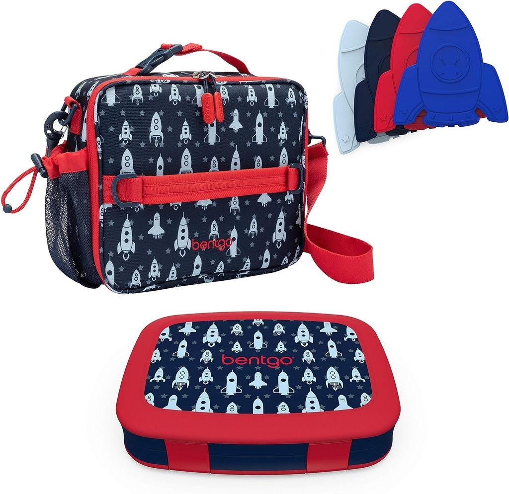 Bentgo Prints Insulated Lunch Bag Set with Kids Bento-Style Lunch Box and 4 Reusable Ice Packs (Space Rockets)