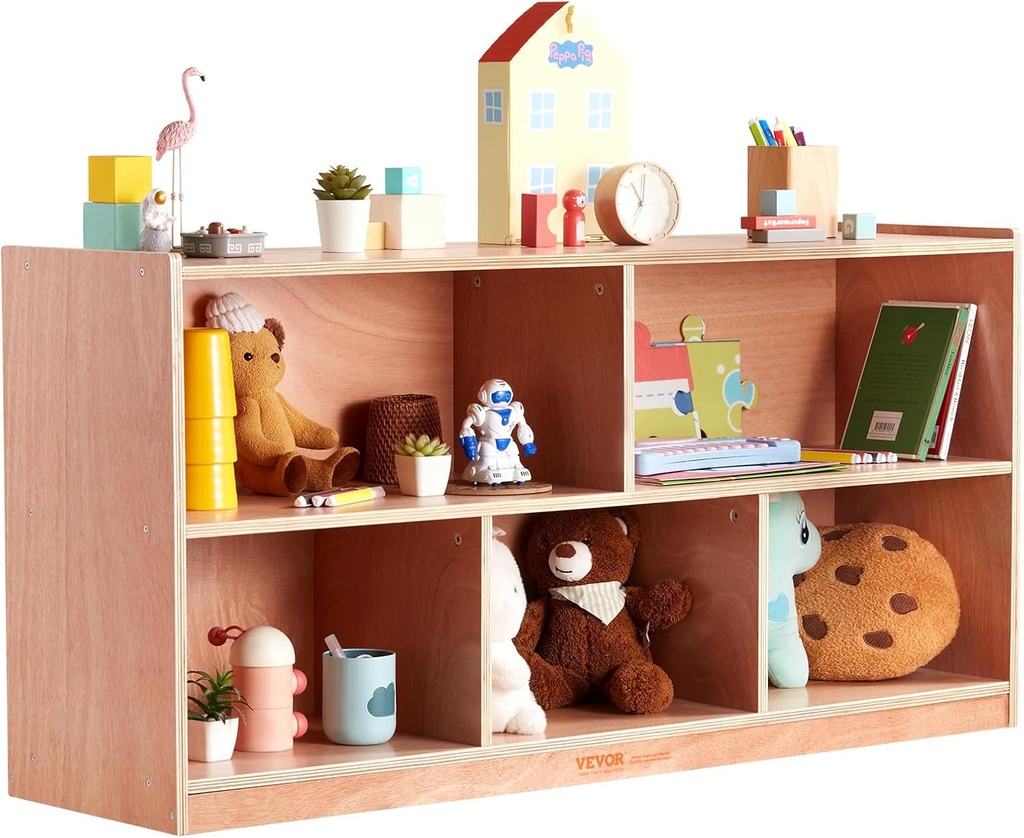 VEVOR Cubby Toy Organizer Storage Cabinet, 5-Compartment Cubby Storage Shelf, 48''W Kids Toy Storage Cabinet 2-Shelf, Classroom Cubbies, Classroom Furniture for Home, Daycare and Preschool, Natural