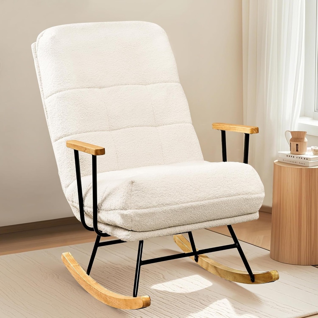 VECELO Rocking Chair Nursery, Upholstered Teddy Fabric Modern Glider Rocker with High Backrest for Living Room & Bedroom, Beige