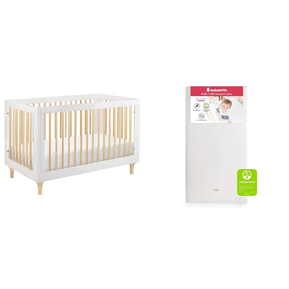 Babyletto Lolly 3-In-1 Convertible Crib with Toddler Bed Conversion Kit in White/Natural with Pure Core Crib Mattress Hybrid Quilted Waterproof Cover, Greenguard Gold Certified