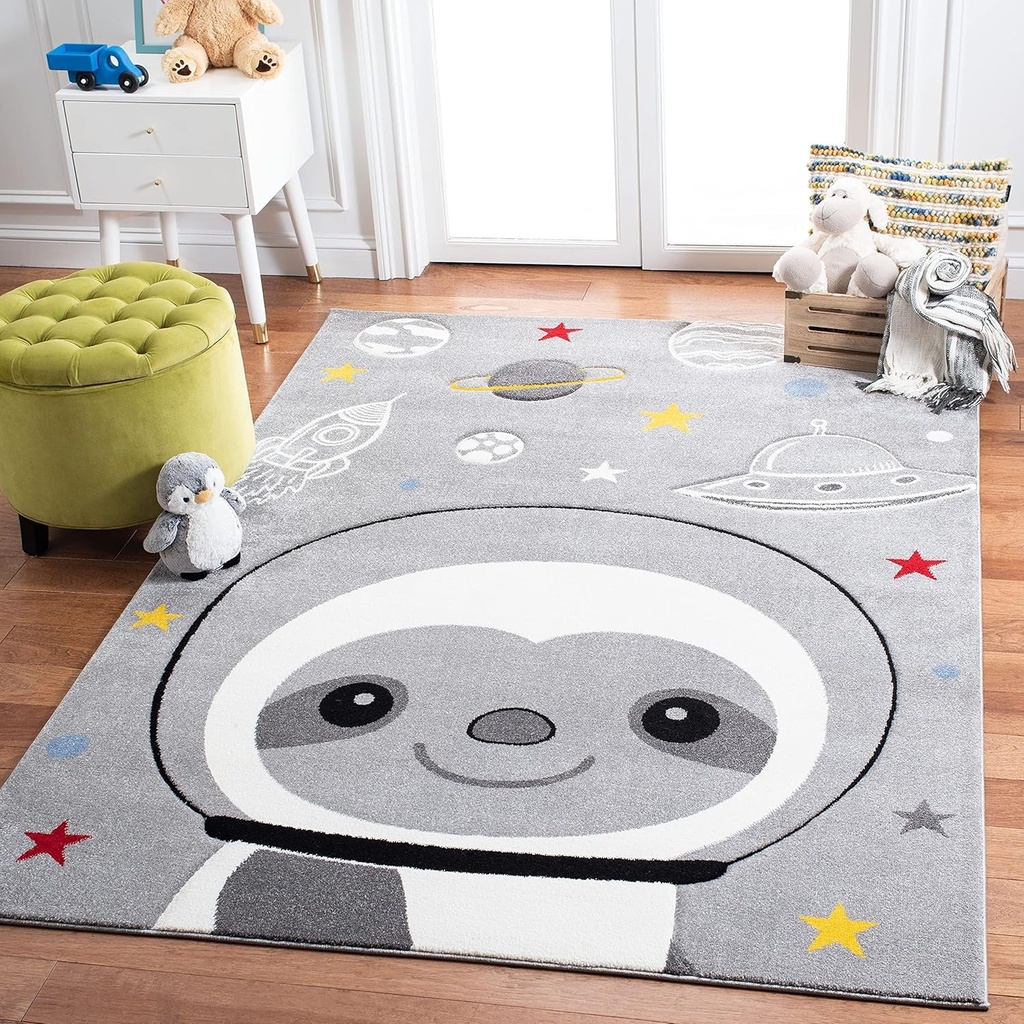 SAFAVIEH Carousel Kids Collection 6'7" Square Grey/Ivory CRK140F Sloth Astronaut Non-Shedding Playroom Nursery Bedroom Area Rug