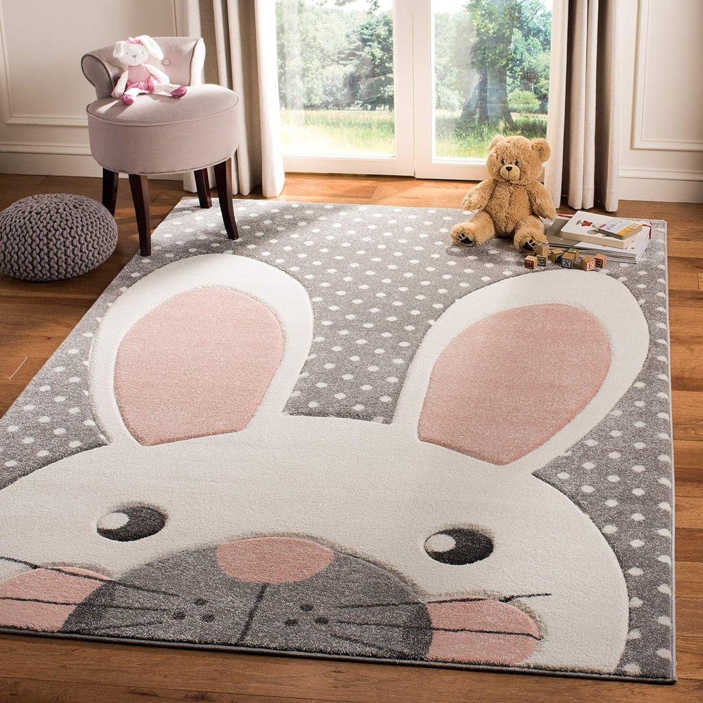 Safavieh Carousel Kids Collection 6'7" Square Pink/Grey CRK168P Bunny Ear Non-Shedding Nursery Playroom Area Rug