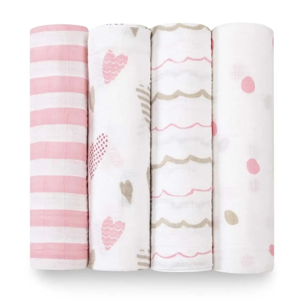 Aden + Anais Swaddle Blanket, Boutique Muslin Blankets for Girls & Boys, Baby Receiving Swaddles, Ideal Newborn & Infant Swaddling Set, Perfect Shower Gifts, 4 Pack, Heart Breaker