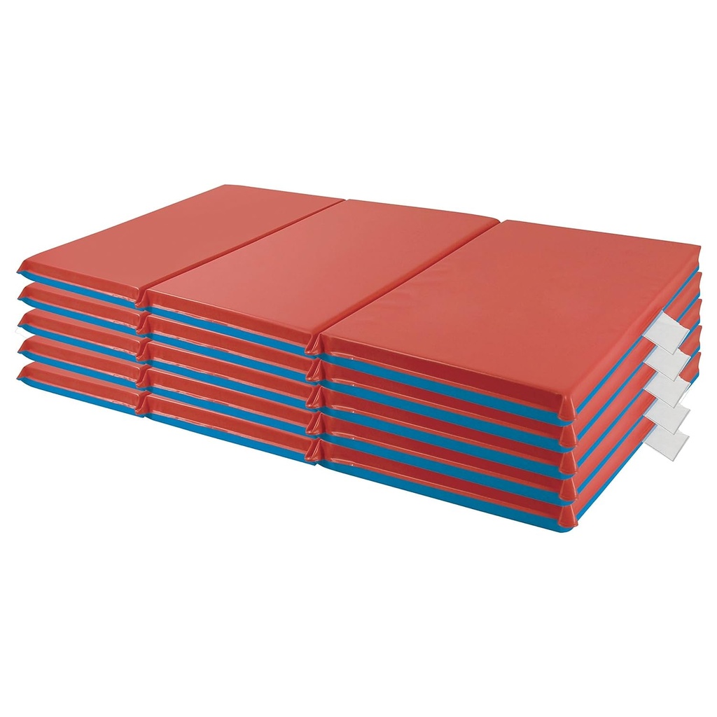 Ecr4Kids Premium Folding Rest Mat, 3-Section, 2In, Sleeping Pad, Blue/Red, 5-Pack