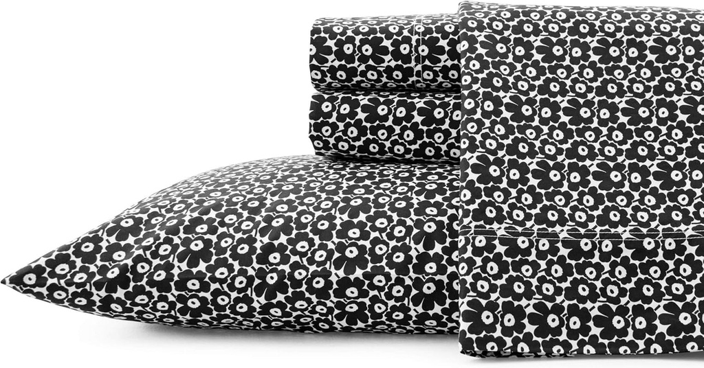 MARIMEKKO - Full Sheets, Cotton Percale Bedding Set, Crisp & Cool Home Decor (Pikkuinen Unikko Black, Full)