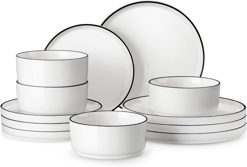 MALACASA 12 Pieces Porcelain Dinnerware Set, Dish Set for 4, Premium Plates and Bowls Sets, Chip and Scratch Resistant Dishware Sets Kitchen Dishes Dining Ware Set, White Wtih Black Rim, Series LEAH