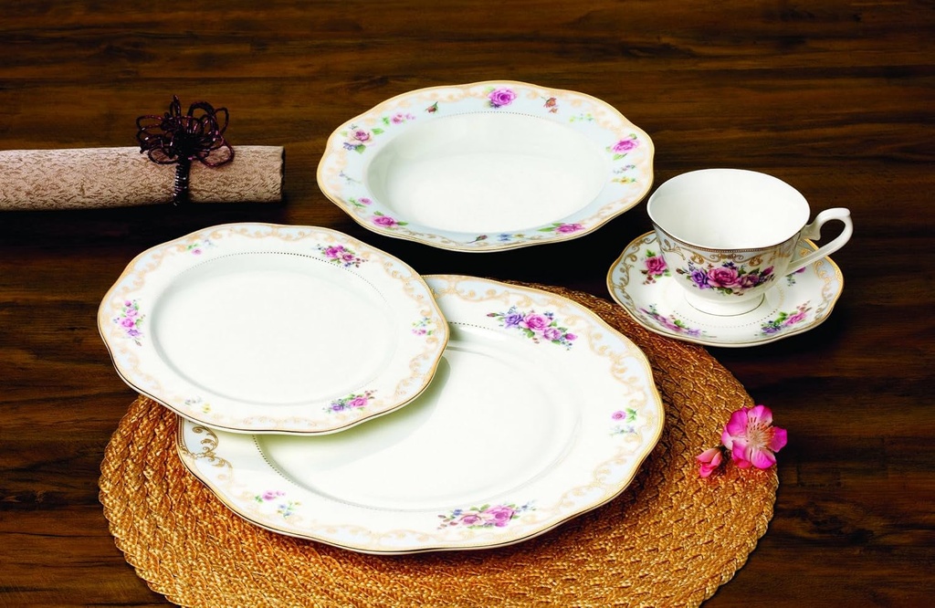 Royalty Porcelain "Ruby Rose" 20-Piece White and Gold Floral Dinnerware Set, 24K Gold-Plated, Premium Bone China Porcelain, Service for 4