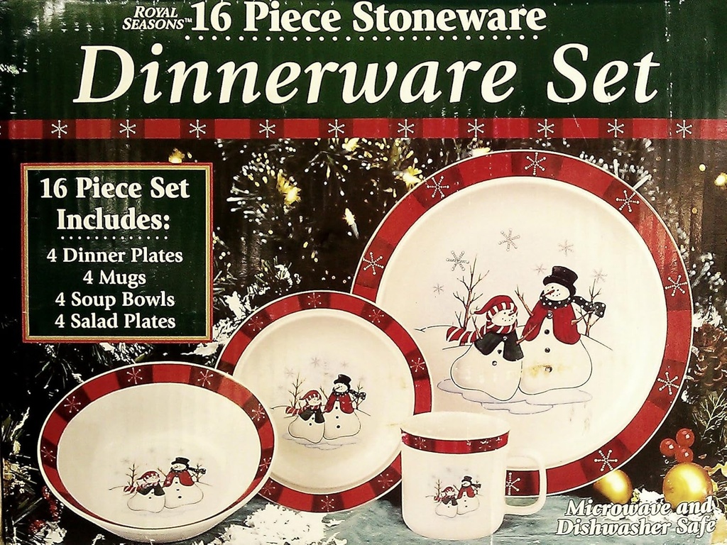16 Pc Stoneware Snowman Dinnerware Set