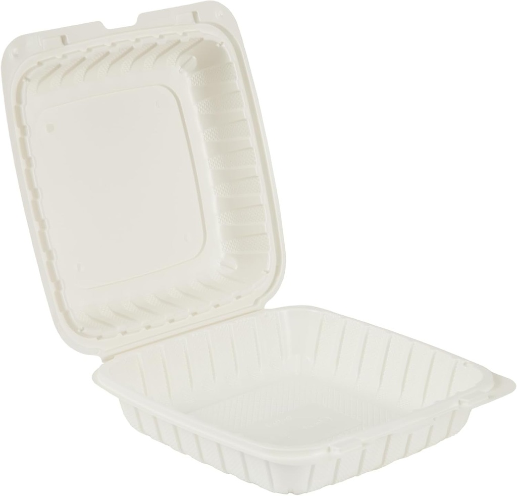 RESTO Disposable 9"" X 9"" PP Clamshell Take Out Food Containe, Snap Tight with Easy Grip Tabs, Heavy-Duty Quality, Leak & Grease Resistant Box, Freezer Safe, Microwavable, Pack of 150, White, BAN99