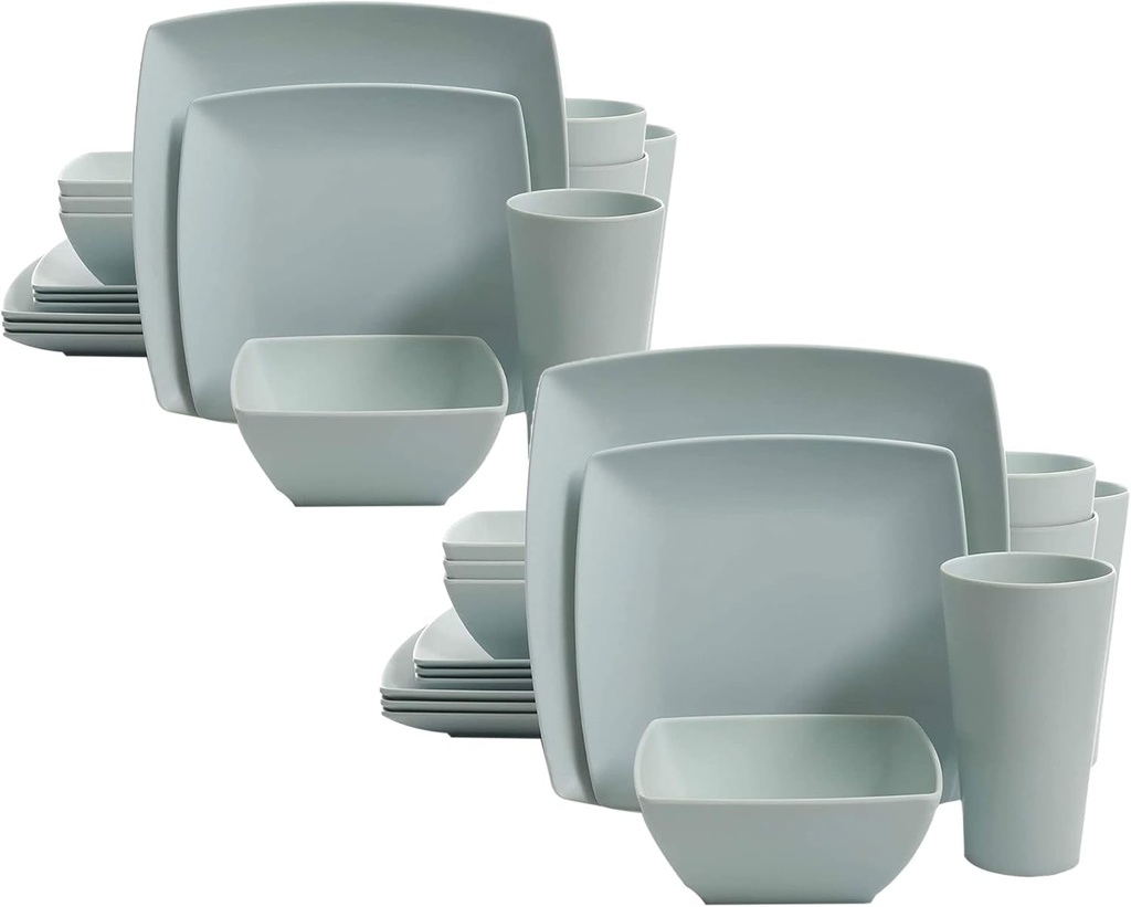 Gibson Home Soho Grayson Square Melamine Everyday 16 Piece Reactive Glaze Dinnerware Set Plates, Bowls, and Cups, Dishwasher Safe, Mint Green (2 Pack)