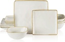 Famiware Dinnerware Sets for 4, Ocean Square 12-Piece Kitchen Plates and Bowls Sets, Microwave and Dishwasher Safe, Scratch Resistant, Vanilla White