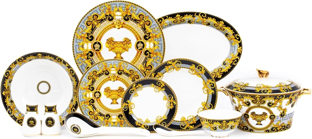 Black Dinnerware Set for 6-44 Piece Vintage Bone China Dinnerware Set Everyday Dishes or Formal Occasions in Black Grey and Gold Porcelain 6 Place Settings