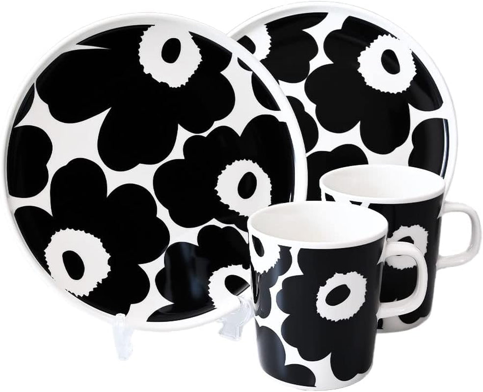 MARIMEKKO Oiva Unikko Kitchen Dish Set (Black) – Floral Stoneware — Plate and Mug Set of 2 — 8.8 Oz Mugs and 8" Diameter Plates