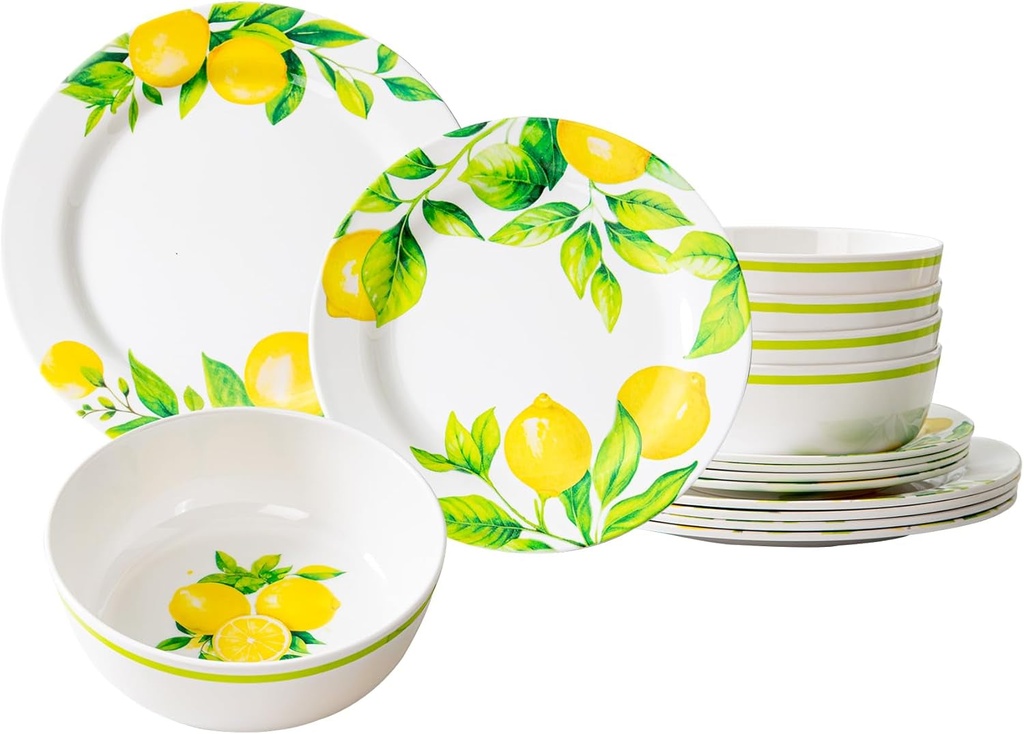 Unbreakable Lemon Melamine Dinnerware Set - 12 Pieces Melamine Bowl and Plates Set, Break Resistant, Lightweight, Dinnerware for Indoors and Outdoors, Dishes for Party Picnic Summer, Multicolor