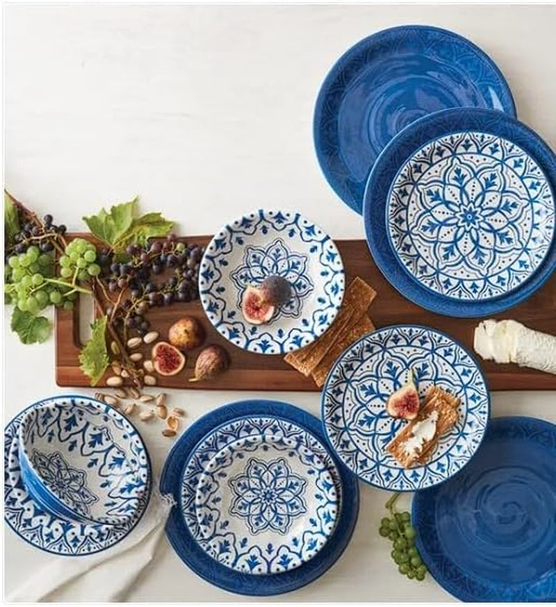 12 Melamine Piece Dinner Set - Dining Set with Bowls - Placement for 4 - Decorative Medallion Design (Blue 12 Piece Camping Set), 10.9, 1759357