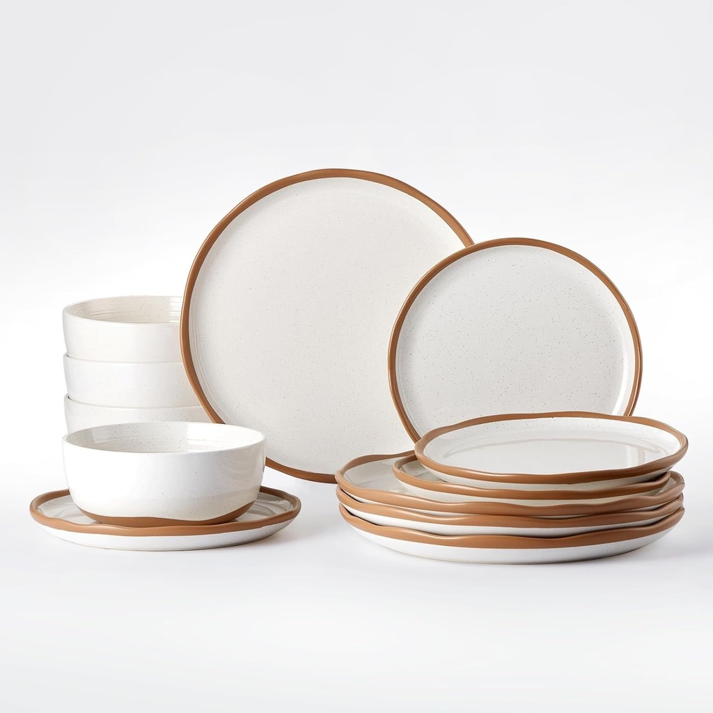Lareina Dinnerware Sets 12 Piece Service for 4, Ceramic Dinner Plates and Bowls Sets, Chip and Crack Resistant Dishwasher Microwave Safe, Vanilla White