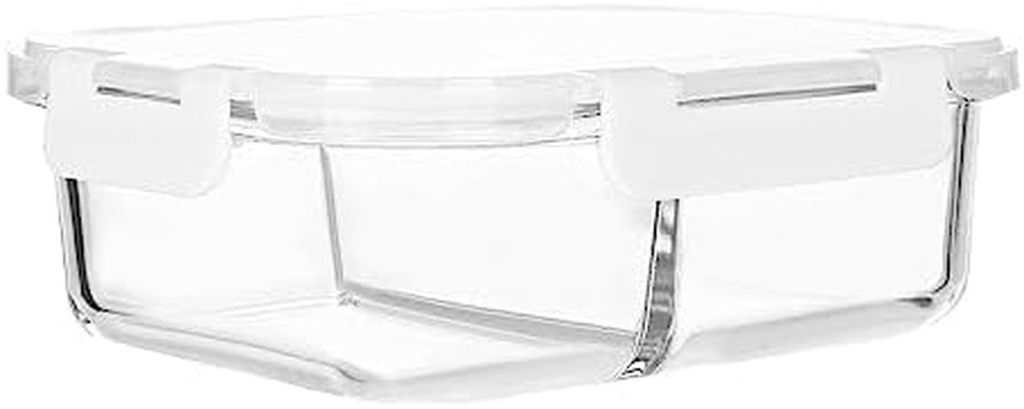 KOMUEE 1 Pack Glass Meal Prep Containers 2 Compartments,Glass Food Storage Containers with Lids,Airtight Glass Lunch Bento Boxes,Bpa Free,Oven,Freezer and Dishwasher Safe, White