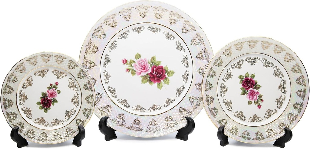 Royalty Porcelain 3-Pc Dinner Set Place Setting for 1 Person, Vintage Cobalt Pattern, 24K Gold Bone China Tableware (Vintage Floral Rose)