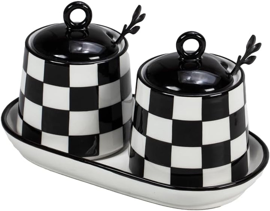 (D) Chic Checkered Porcelain Kitchen Coffee Tea and Sugar Jars Black and White