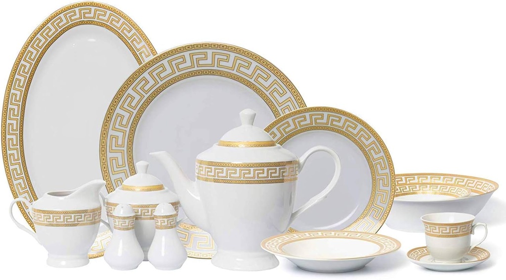 57-Pc Banquet Dinnerware Set Gold Greek Key - Luxury Tableware Dining Service for 8