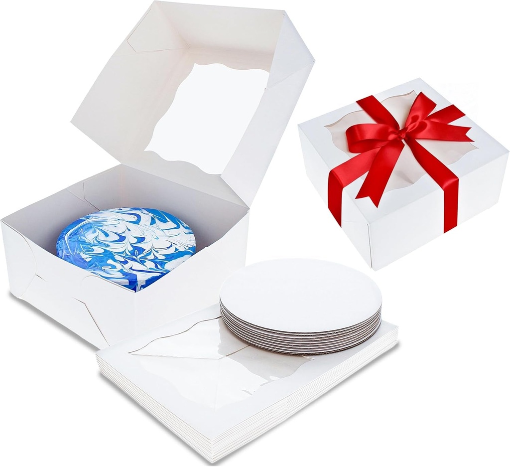 Square Cake Boxes with Window - 10Pk Disposable Cake Container with Cake Board, White Cake Boxes 10X10X5 Inch