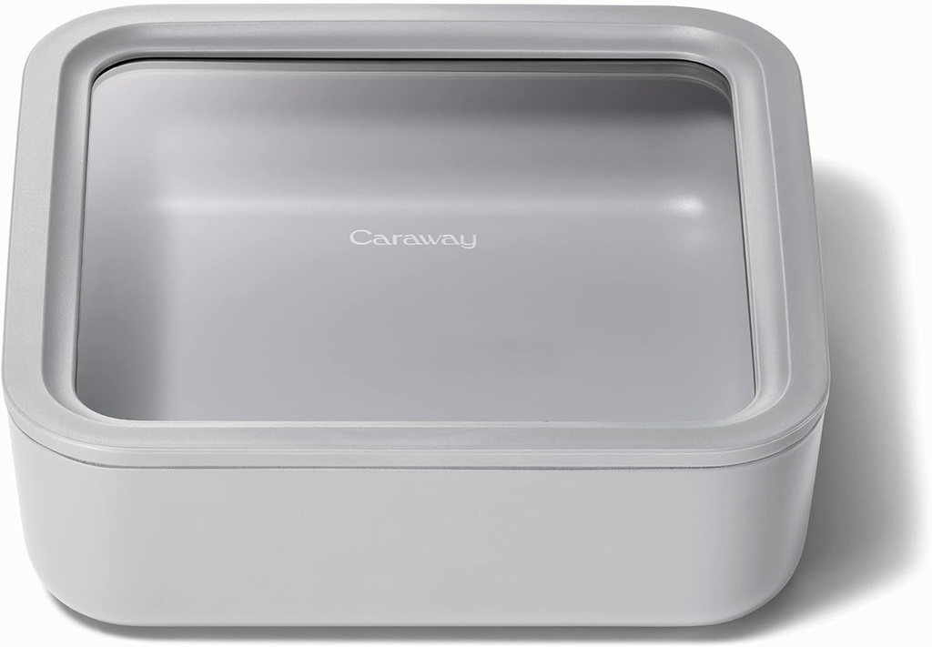 Caraway Glass Food Storage, 10 Cup Glass Container,Ceramic Coated Food Container,Easy to Store, Non Toxic, Non Stick Lunch Box Container with Glass Lids. Dishwasher, Oven,Square Shape,Gray