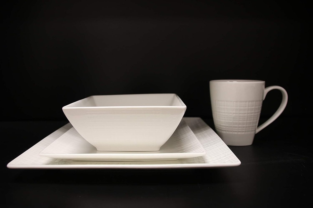 16-Piece Fine Porcelain Dinnerware Set by Roscher | Service for Four (4), Ivory Mesh Design, Includes Dinner Plates, Salad Plates, Bowls, and Cups, Square