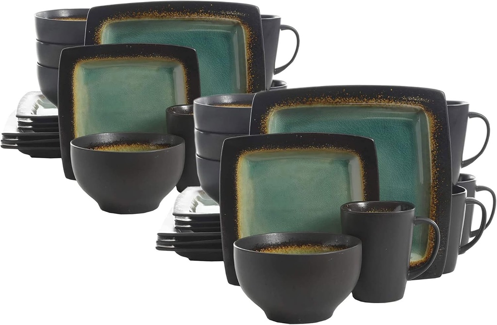 Gibson Elite Ocean Paradise 16 Piece Soft Square Glazed Dinnerware Kitchen Dish Set with Multi Sized Plates, Bowls, and Mugs, Jade (2 Pack)