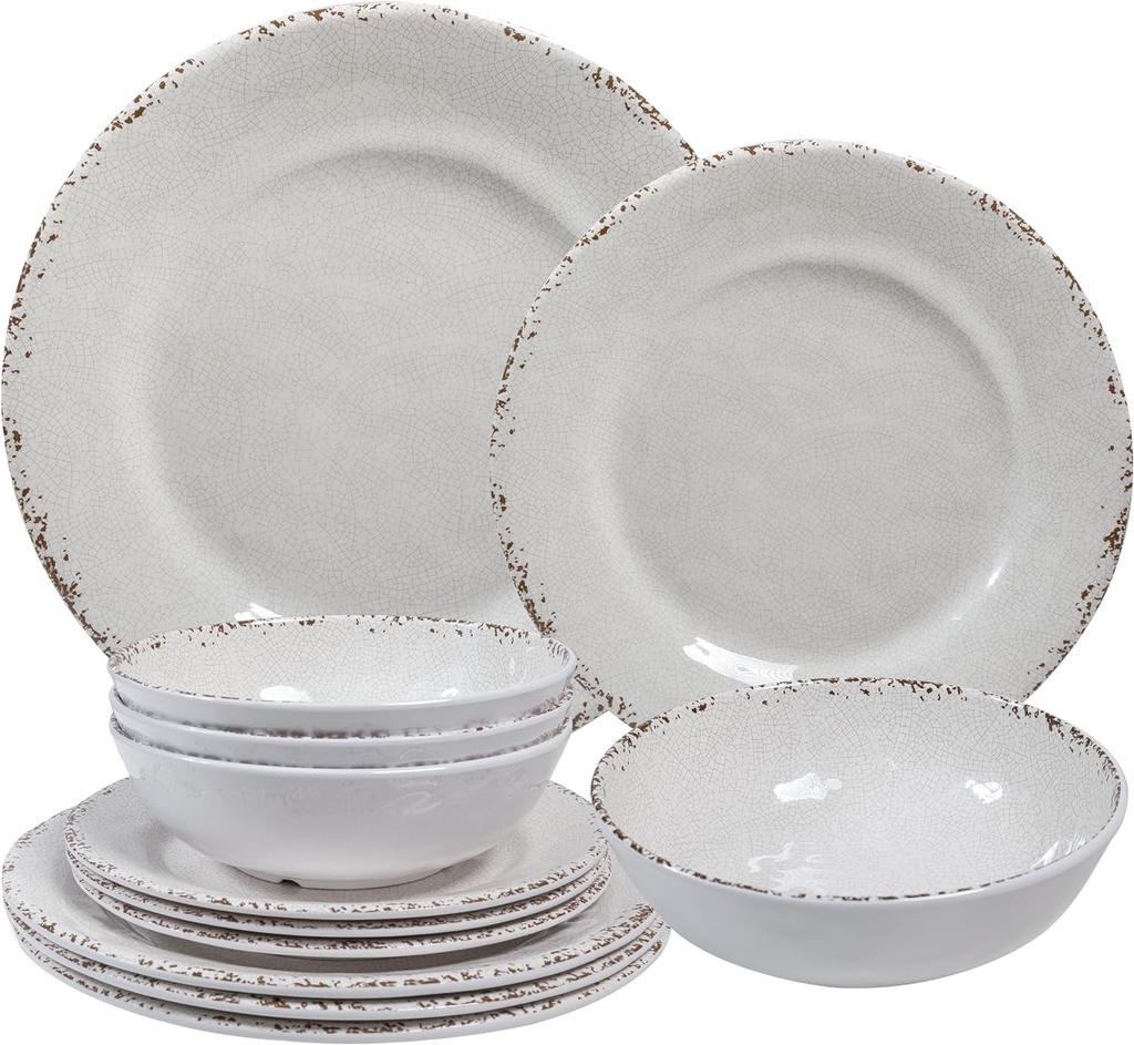 Farmhouse Melamine Dinnerware Sets,12 Pieces Dishes Dinnerware Set,Service for 4 Lightweight Kitchen Plates and Bowls Sets, Great for Casual Dining and Outdoor Parties Camping or Rvs, White