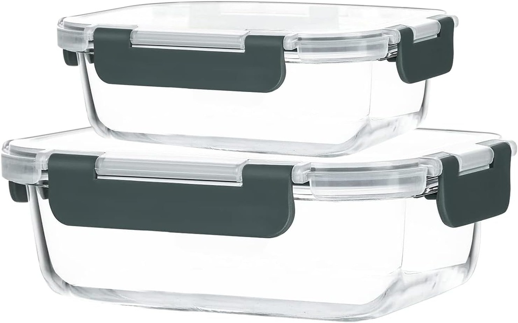 KOMUEE 2 Packs Glass Meal Prep Containers, Glass Food Storage Containers with Locking Lids, Airtight Glass Lunch Containers, BPA Free, Microwave, Oven, Freezer & Dishwasher Friendly，Gray