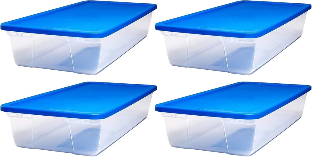 HOMZ Snaplock 41-Quart Plastic Multipurpose Stackable Storage Container Bins with Blue Snaplock Lid for Home and Office Organization, Clear (4 Pack)