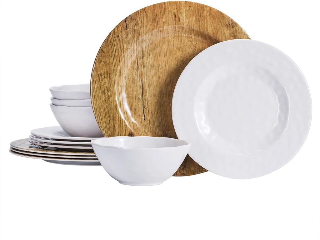 Melamine Dinnerware Sets for 4 | 12Pcs Summer Camping Dishes Set with Dinner Plates, Salad Plates, Cereal Bowls | Lightweight Unbreakable, Indoor Outdoor Use. (Mix Color)