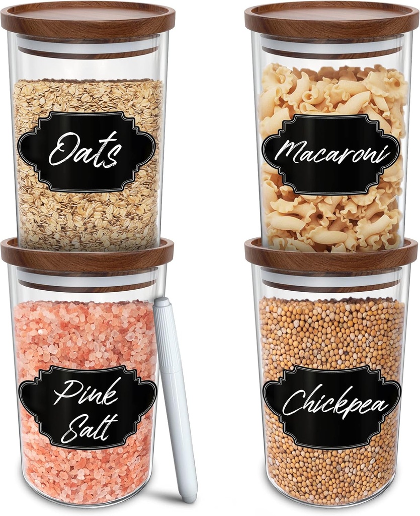 Glass Jars with Wood Lids Set of (4) of 28 Fl Oz Airtight and Stackable Storage Containers for the Kitchen or Pantry Canister Wooden Acacia Lid Holds Food Cookies