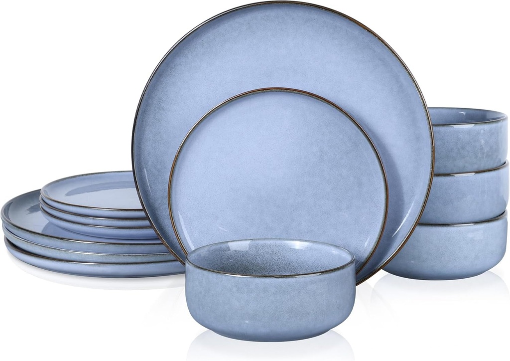 E-Far Dinnerware Sets for 4, 12-Piece Stoneware Plates and Bowls Set, Reactive Glaze Dishes Dinning Ware Set, Chip & Scratch Resistant, Microwave & Dishwasher Safe - Ocean Blue