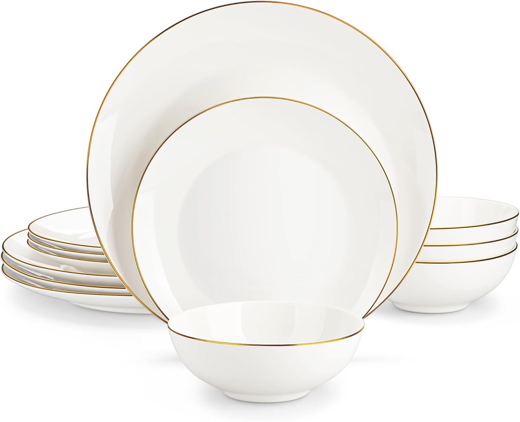 MALACASA Upscale Bone China Dinnerware Set, 12 Pieces Plates and Bowls Sets with Gold Rim, Cream-White Dinnerware Set for 4, Dinner Plates, Dessert Plates and Small Cereal Bowls, Series JERA