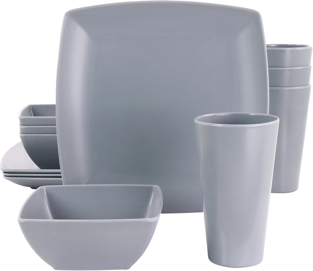 Gibson Home 12 Piece Grayson Melamine Square Dinnerware Set in Gray