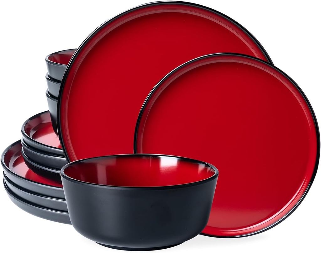 LEHAHA Melamine 12-Piece Modern Dinnerware Set, Kitchen Plates and Bowls Sets, Luxury 2 Tone Red and Black Ceramic Look Dish Set for 4.Heavy than Normal Melamine but Lightweight and Study than Ceramic