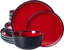 LEHAHA Melamine 12-Piece Modern Dinnerware Set, Kitchen Plates and Bowls Sets, Luxury 2 Tone Red and Black Ceramic Look Dish Set for 4.Heavy than Normal Melamine but Lightweight and Study than Ceramic