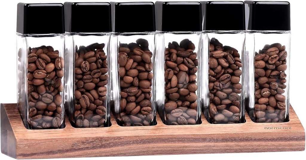 Normcore 6 Tubes Single Dose Espresso Bean Cellars, Coffee Beans Storage Tube Vial Vault with One-Way Exhaust Valve, Glass Coffee Bean Capsules with Genuine American Walnut Display Stand